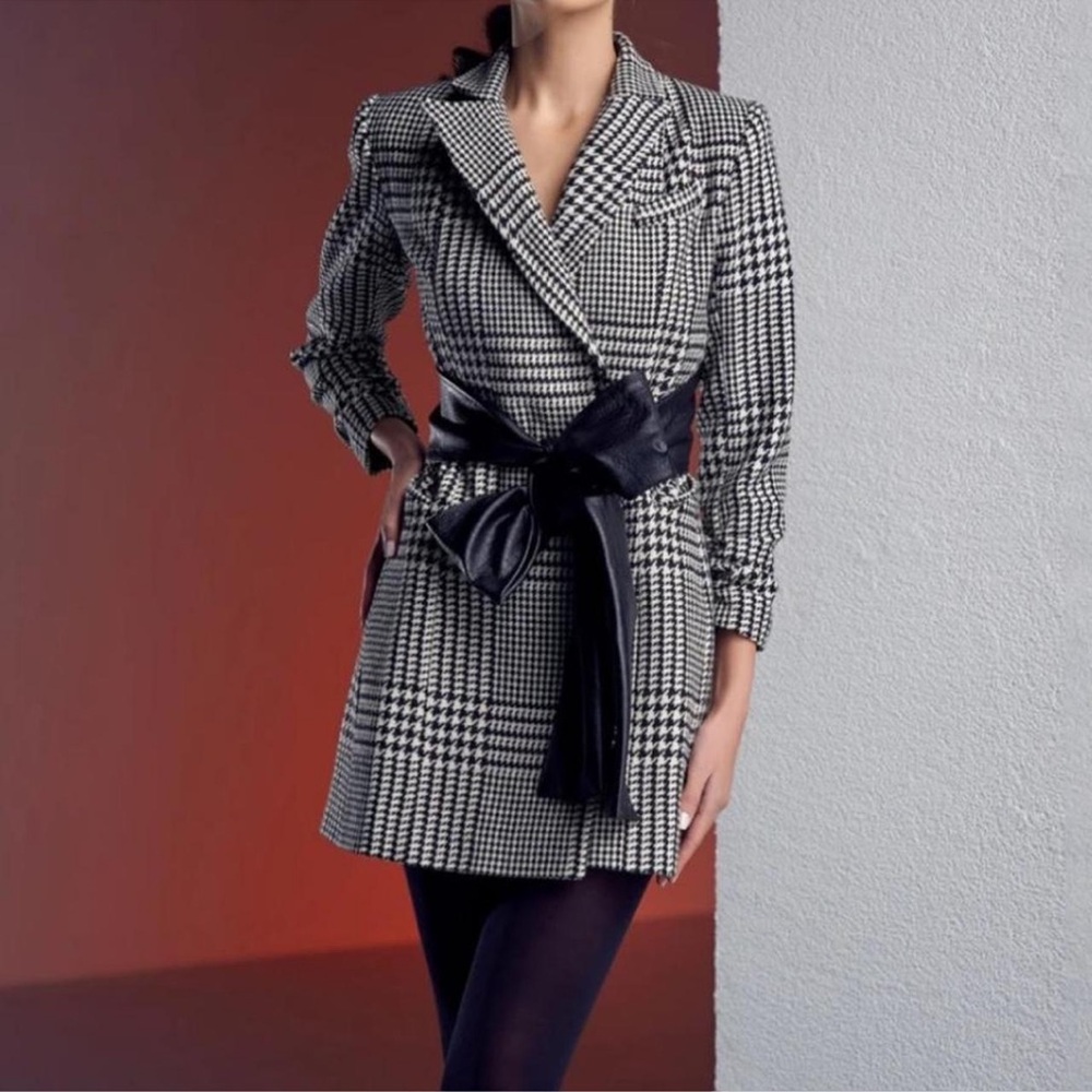 AVENUE No.29 Houndstooth Wool Blazer Dress With Contrast Belt